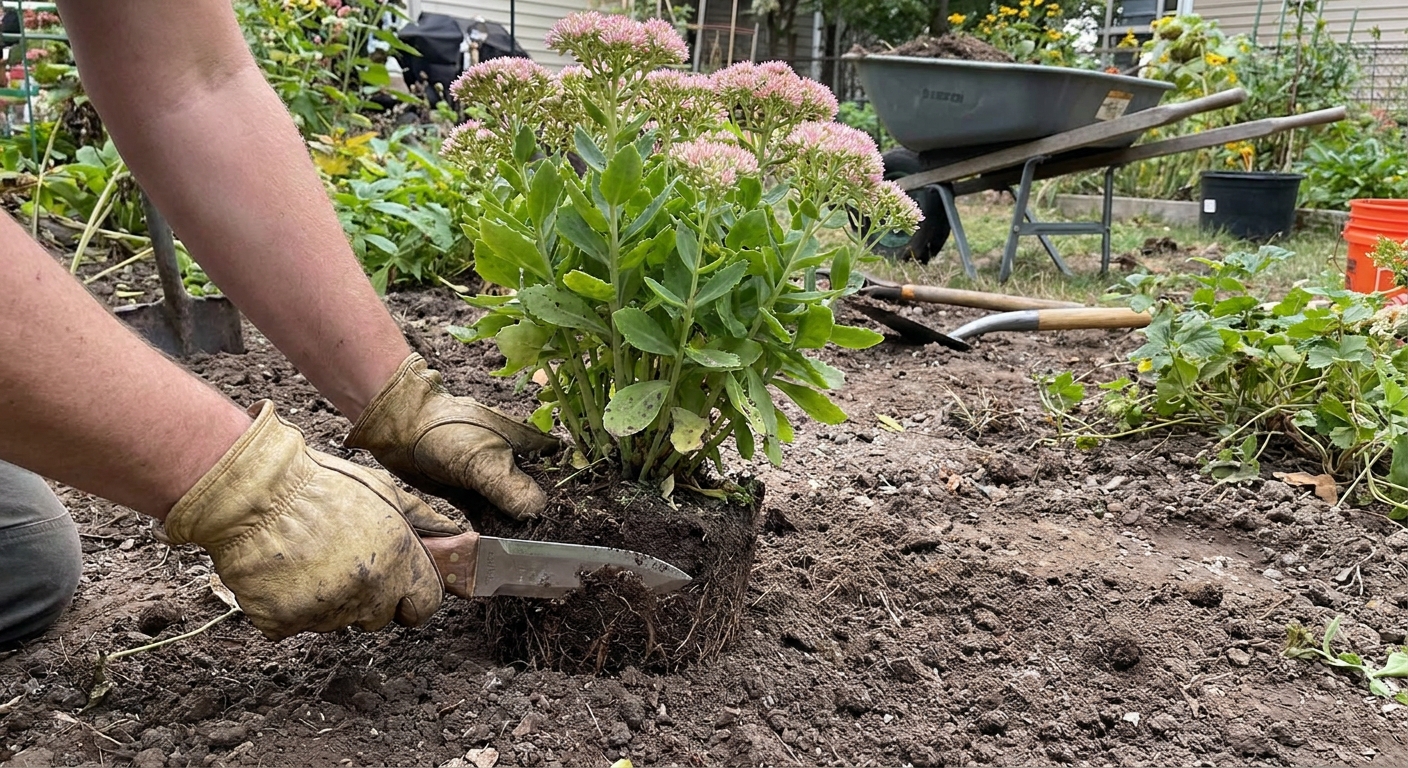 A real photograph of gloved hands using a garden knife to divide an upright sedum clump on bare soil in a backyard garden