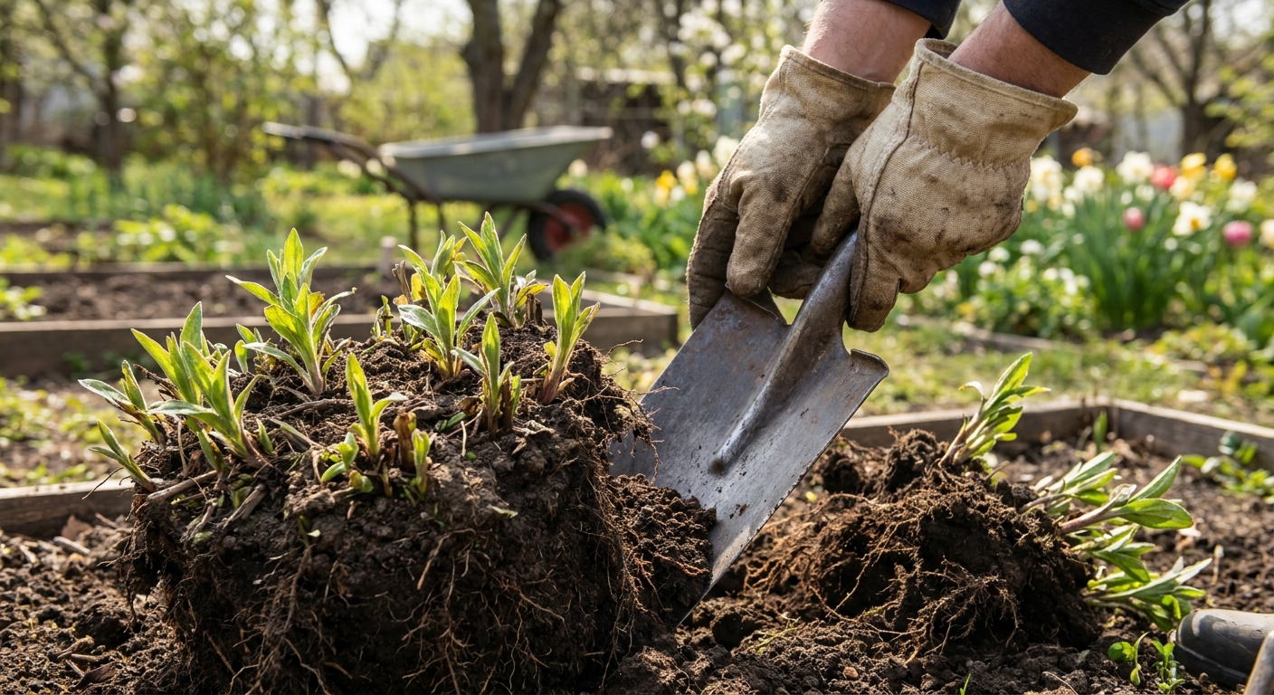 A real photograph of gloved hands using a garden spade to split a dense perennial rudbeckia clump on a spring day in a backyard garden