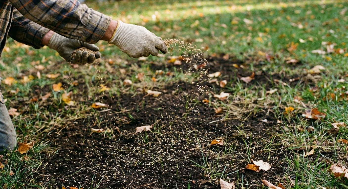 A real photograph of hands broadcasting grass seed over a thin lawn area in early fall with a light layer of compost visible on the soil