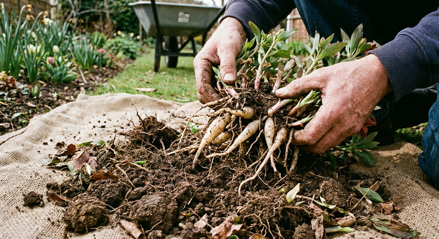 A real photograph of hands dividing an alstroemeria clump in early spring, with tuberous roots visible and garden soil on a tarp