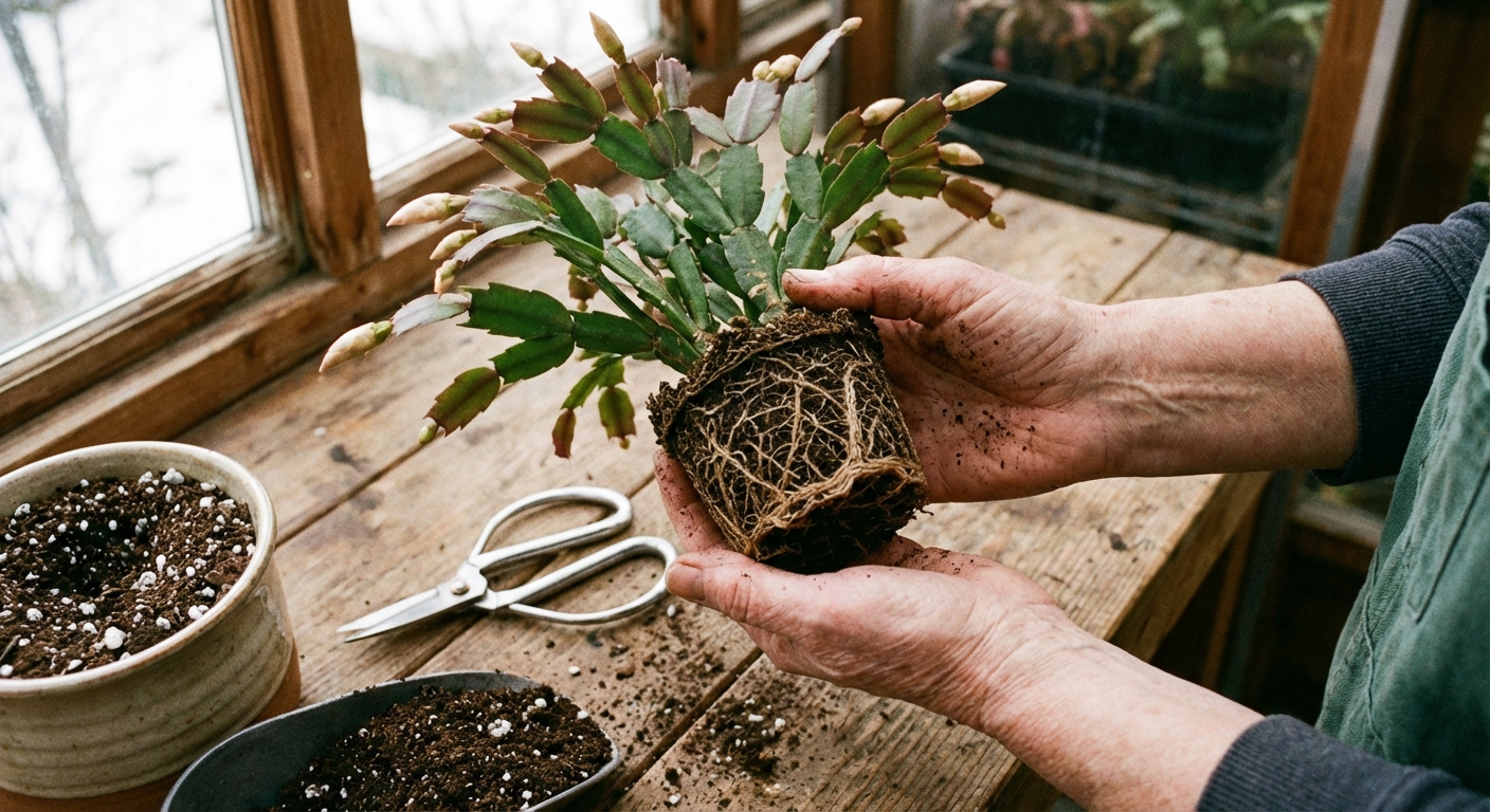 A real photograph of hands gently holding a Christmas cactus root ball above a work surface with clean scissors nearby and fresh potting mix ready for repotting