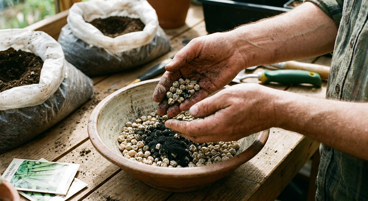 A real photograph of hands gently tossing pea seeds in a small bowl so they become lightly coated with dark inoculant powder before planting