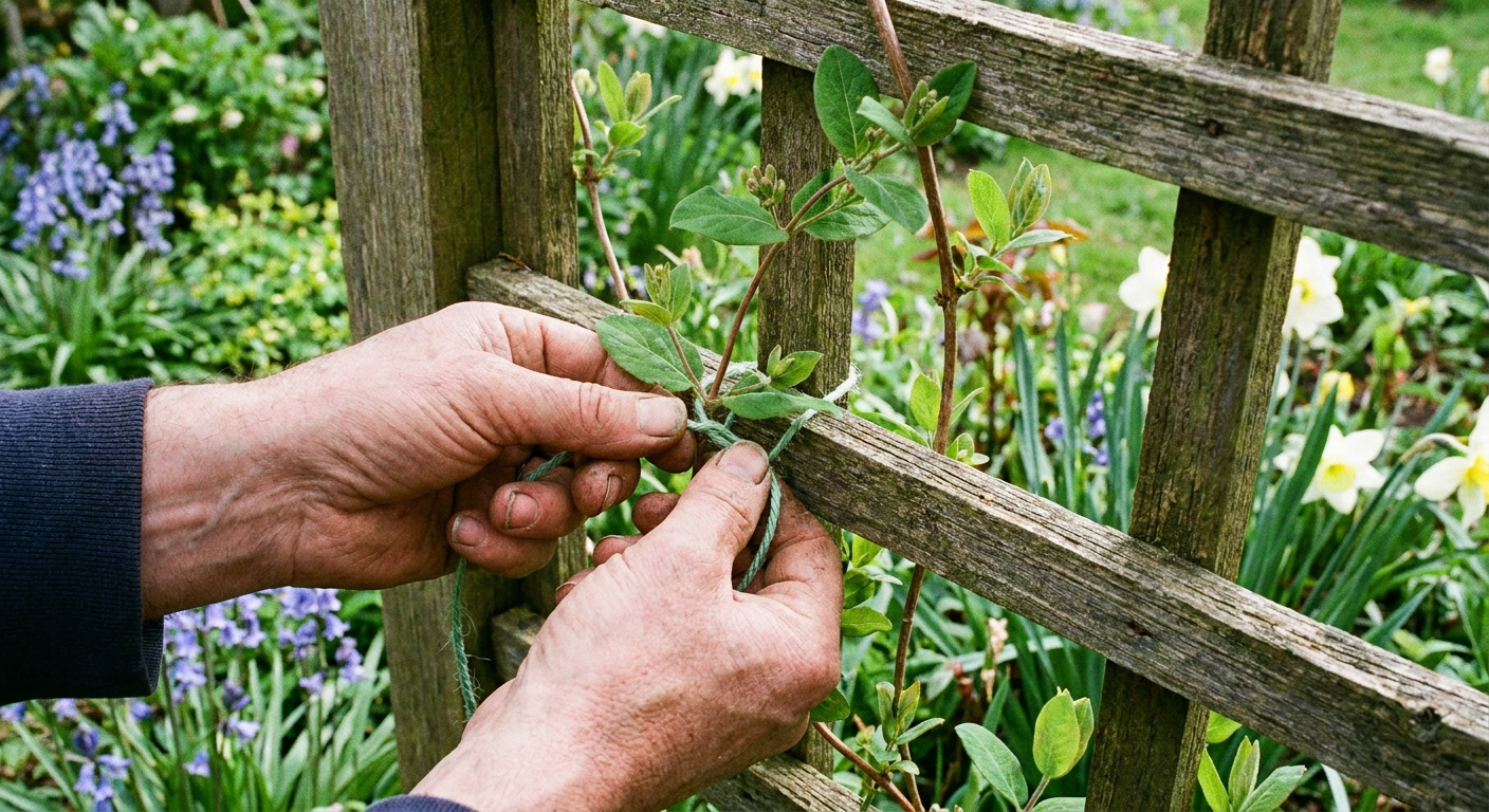 A real photograph of hands gently tying a young honeysuckle vine to a wooden trellis using soft garden ties in a spring garden