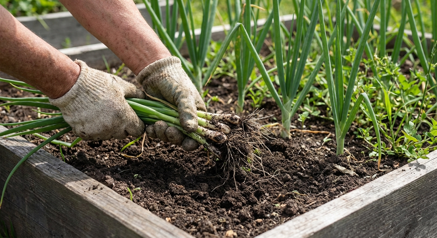 A real photograph of hands harvesting green onions from a garden bed, gently pulling a few plants from loose soil with other scallions still standing nearby