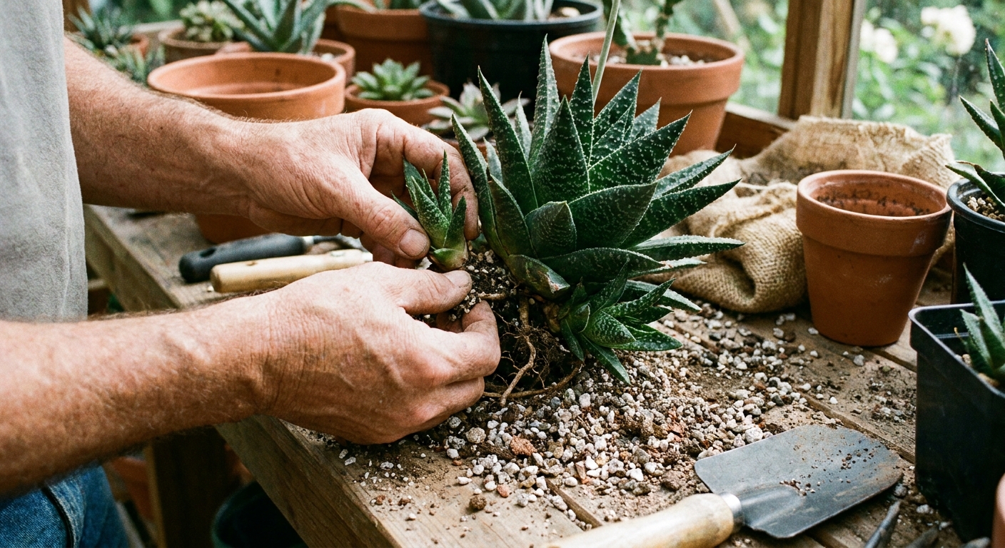 A real photograph of hands holding a Gasteria succulent with a small pup being gently separated at the base, with loose gritty soil on a potting bench