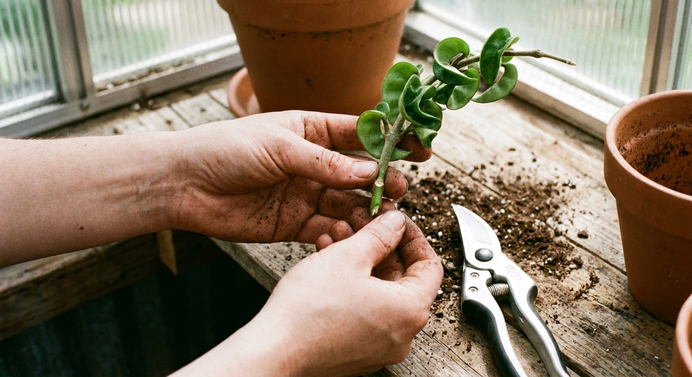 A real photograph of hands holding a freshly cut Hoya compacta stem cutting with a visible node and curled leaves, placed beside clean pruning shears
