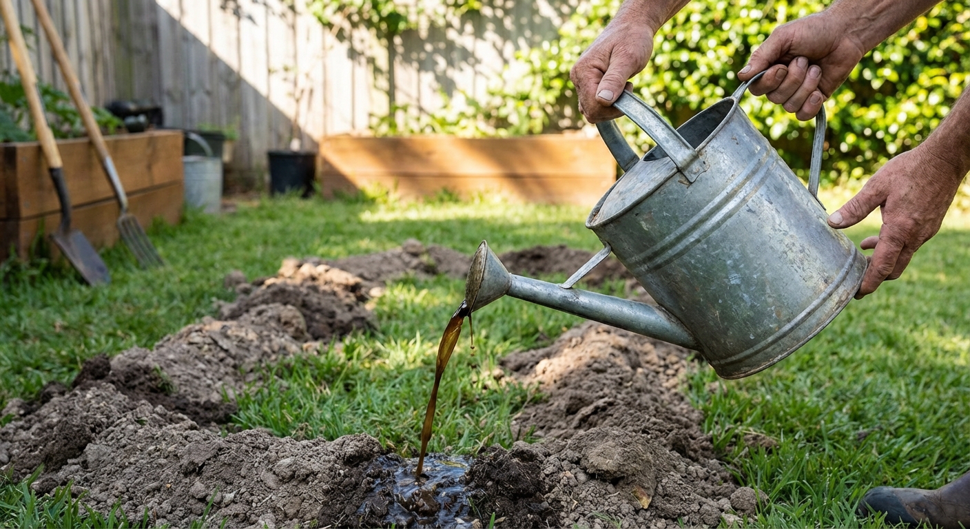 A real photograph of hands holding a watering can applying a liquid soil drench over a grassy area with raised mole tunnels, backyard garden setting in natural light