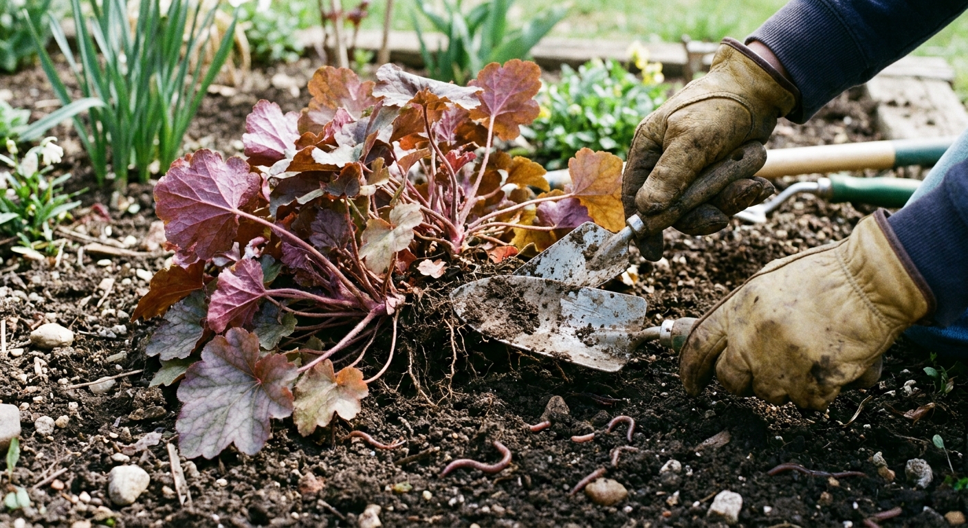 A real photograph of hands in gardening gloves dividing a coral bells clump with a small hand trowel in springtime soil