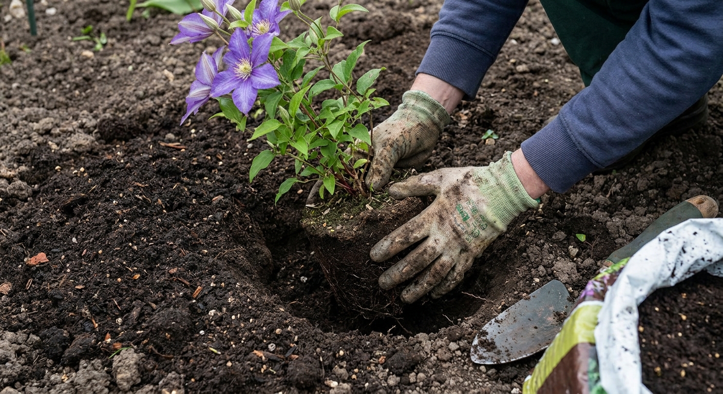 A real photograph of hands placing a clematis plant into a garden hole with compost-amended soil, showing the crown being set slightly below ground level