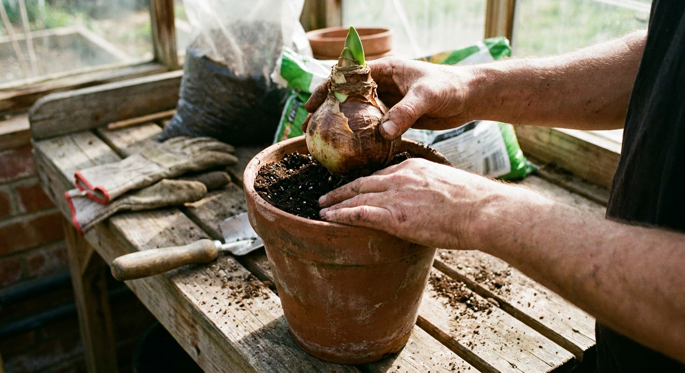 A real photograph of hands placing a large amaryllis bulb into a terracotta pot with fresh potting mix, with the top third of the bulb positioned above the soil