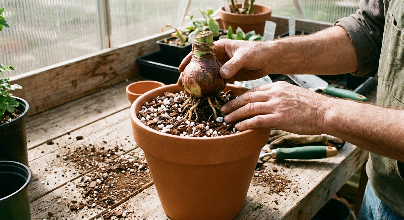 A real photograph of hands placing an amaryllis bulb into a clean pot with fresh well-draining potting mix, with the bulb neck above the soil