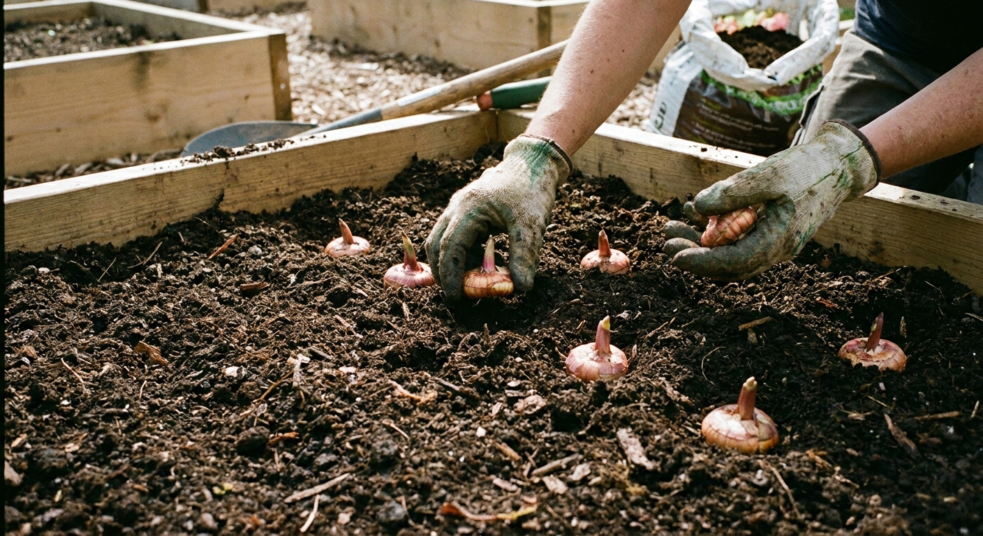 A real photograph of hands placing gladiolus corms pointy side up into a freshly prepared raised garden bed with dark compost-rich soil