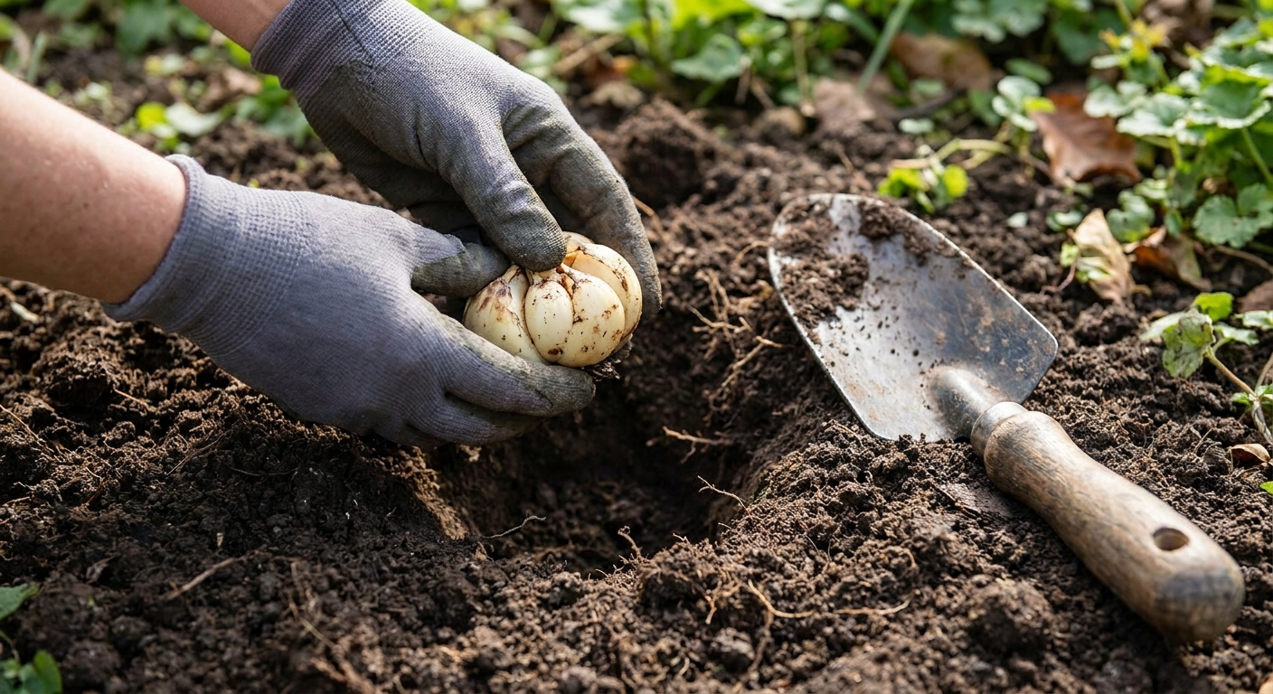 A real photograph of hands planting a lily bulb into a garden hole, showing the bulb scales, loose soil, and a small trowel nearby