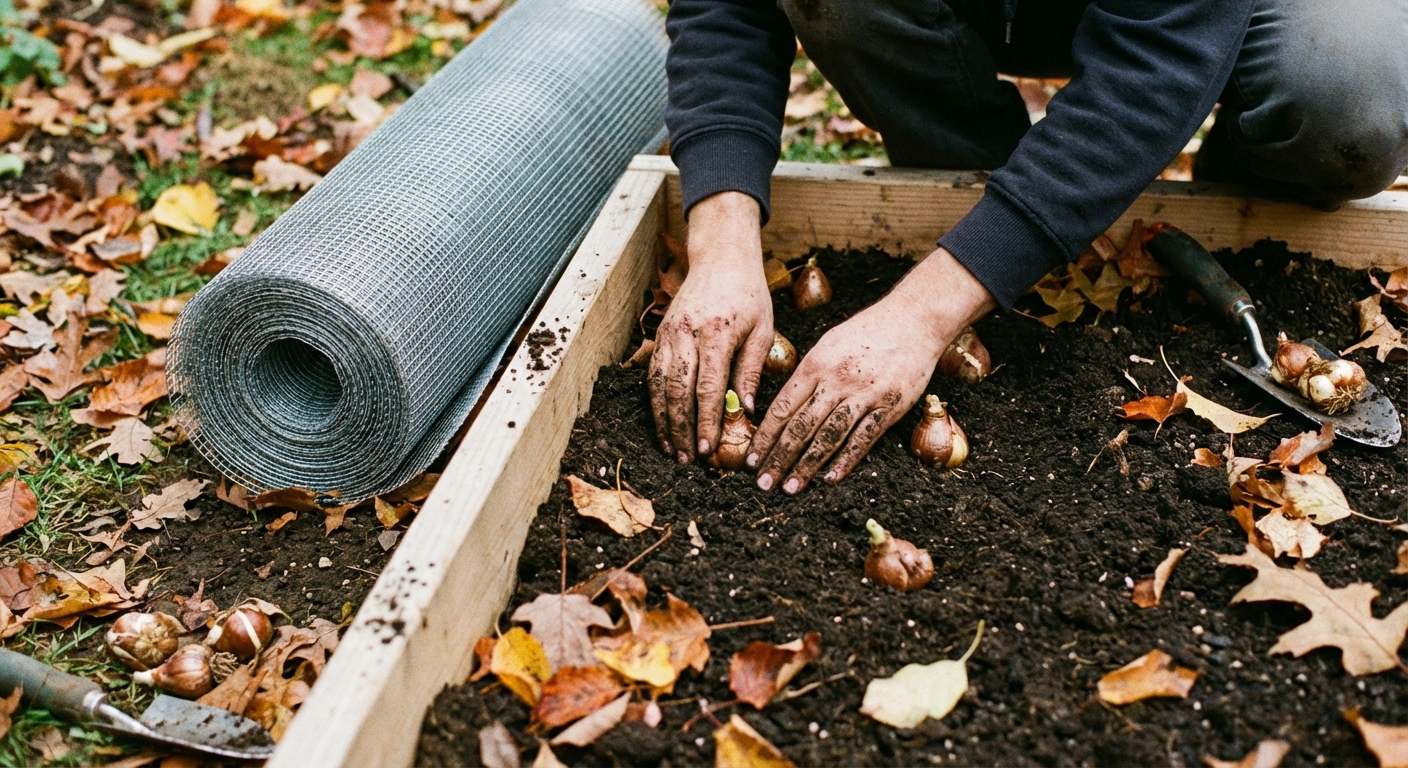 A real photograph of hands planting daffodil bulbs in a garden bed with dark soil, a roll of metal hardware cloth nearby, autumn leaves scattered around