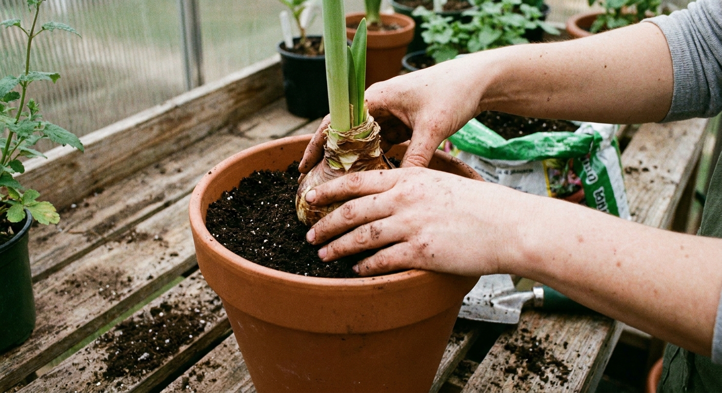 A real photograph of hands positioning an amaryllis bulb in a pot, with fresh potting soil and the bulb neck left above the soil
