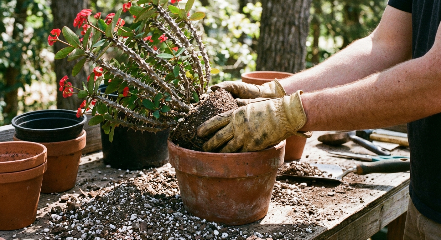 A real photograph of hands repotting a Crown of Thorns succulent into a terracotta pot with gritty cactus soil, with thorny stems visible