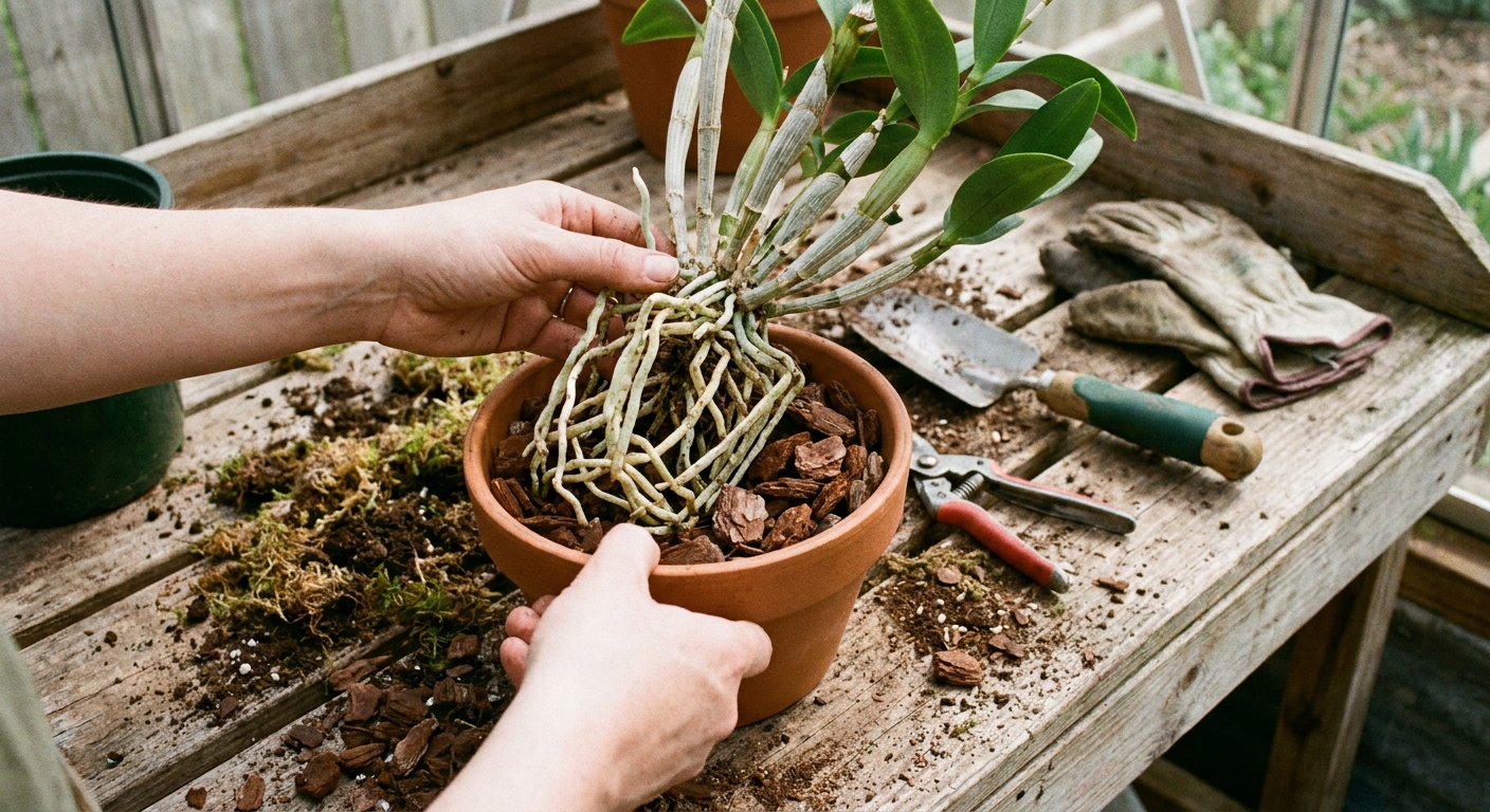 A real photograph of hands repotting a Dendrobium orchid into fresh orchid bark in a small pot on a potting bench, with roots exposed and tools nearby