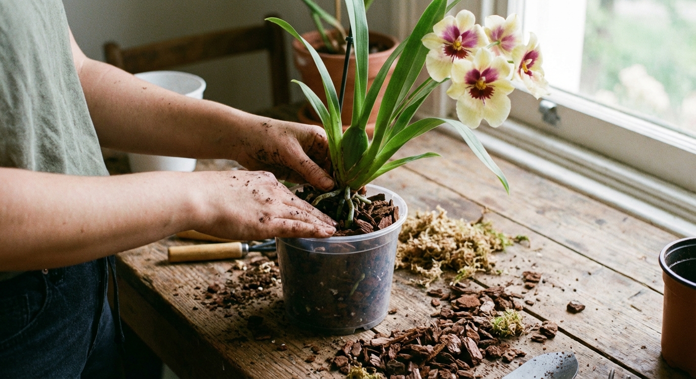 A real photograph of hands repotting a Miltoniopsis orchid into a small clear pot with fresh bark mix, roots visible and a work surface beneath