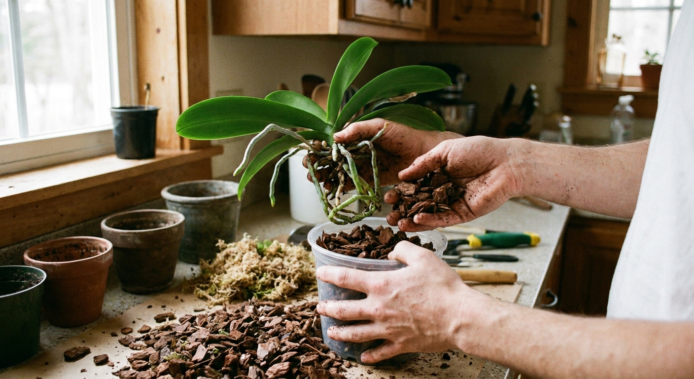 A real photograph of hands repotting a Phalaenopsis orchid into a clear pot filled with chunky bark mix on a kitchen counter