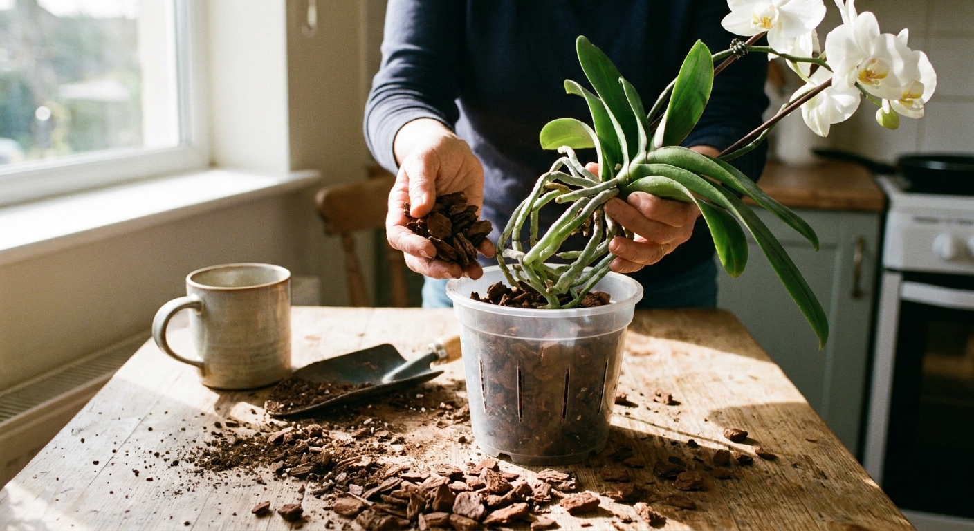 A real photograph of hands repotting a Phalaenopsis orchid into a clear plastic pot with chunky orchid bark on a kitchen table