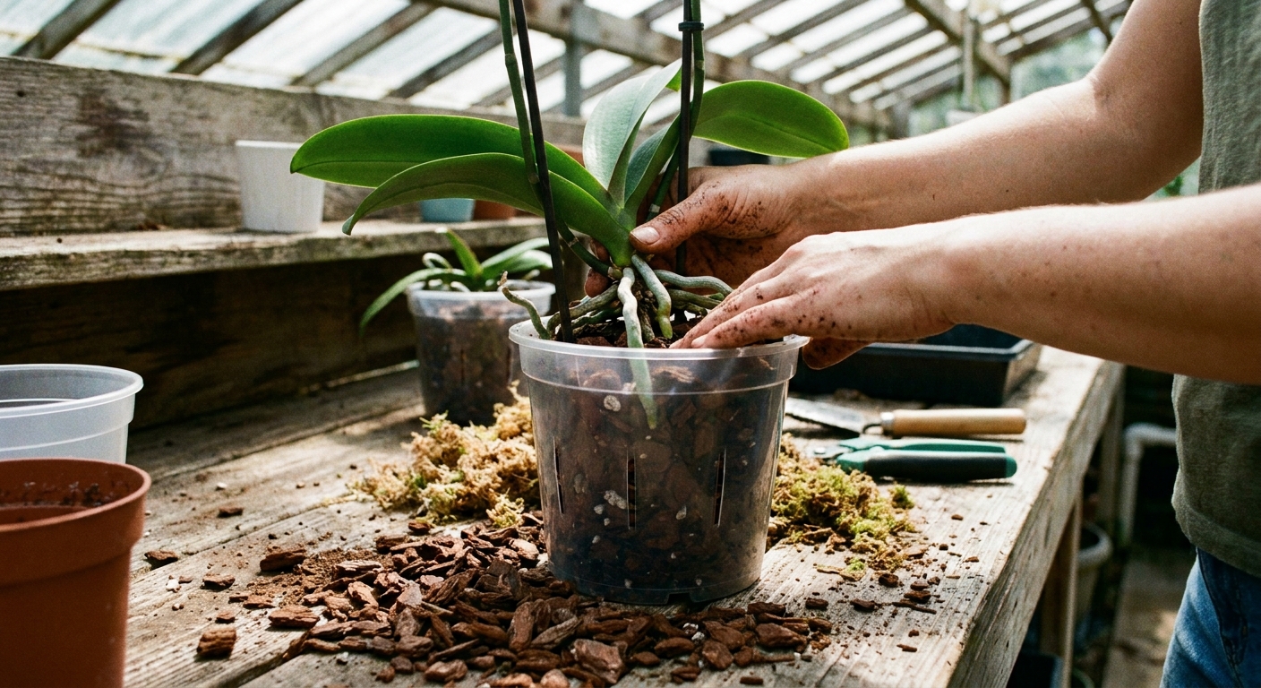 A real photograph of hands repotting a phalaenopsis orchid on a wooden potting bench, placing firm roots into a ventilated clear pot with fresh bark mix