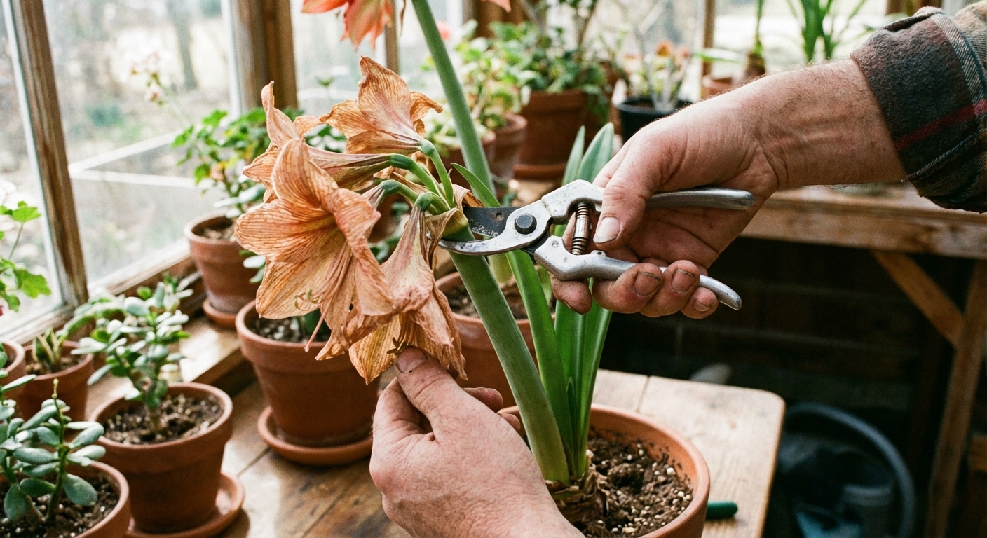 A real photograph of hands snipping off faded amaryllis flowers on a green stalk with clean pruning shears indoors