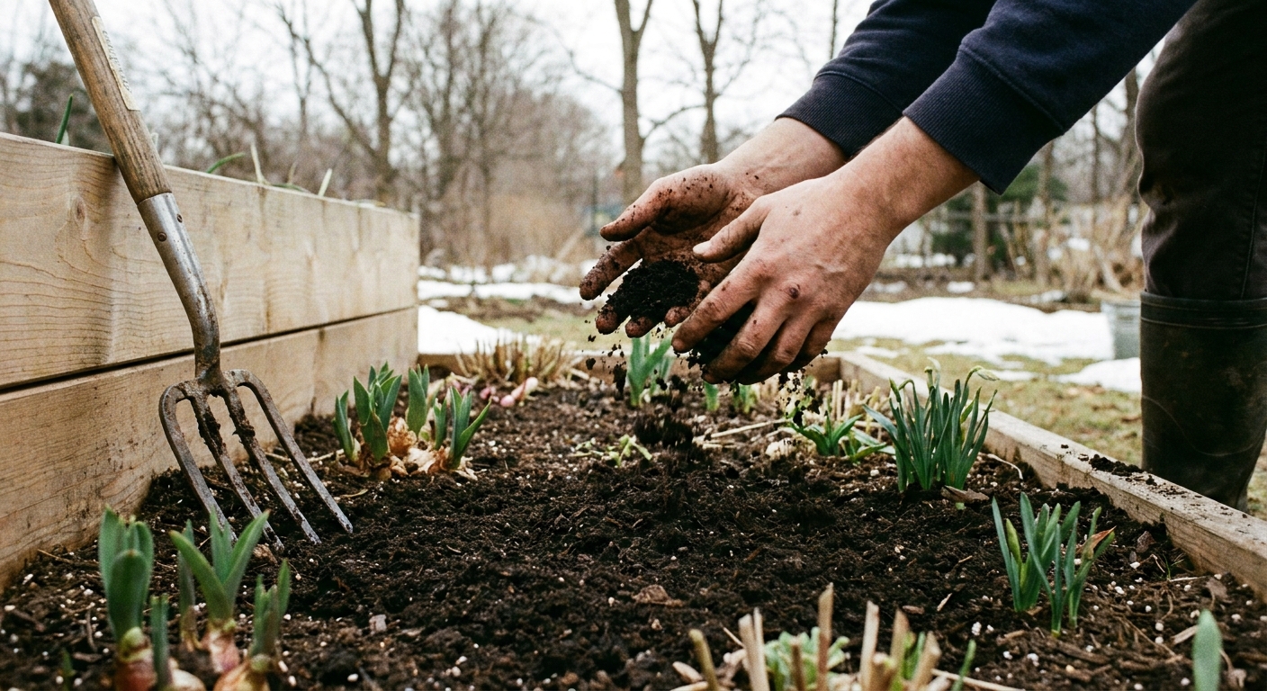 A real photograph of hands spreading dark finished compost over a garden bed in early spring with a metal garden fork resting nearby