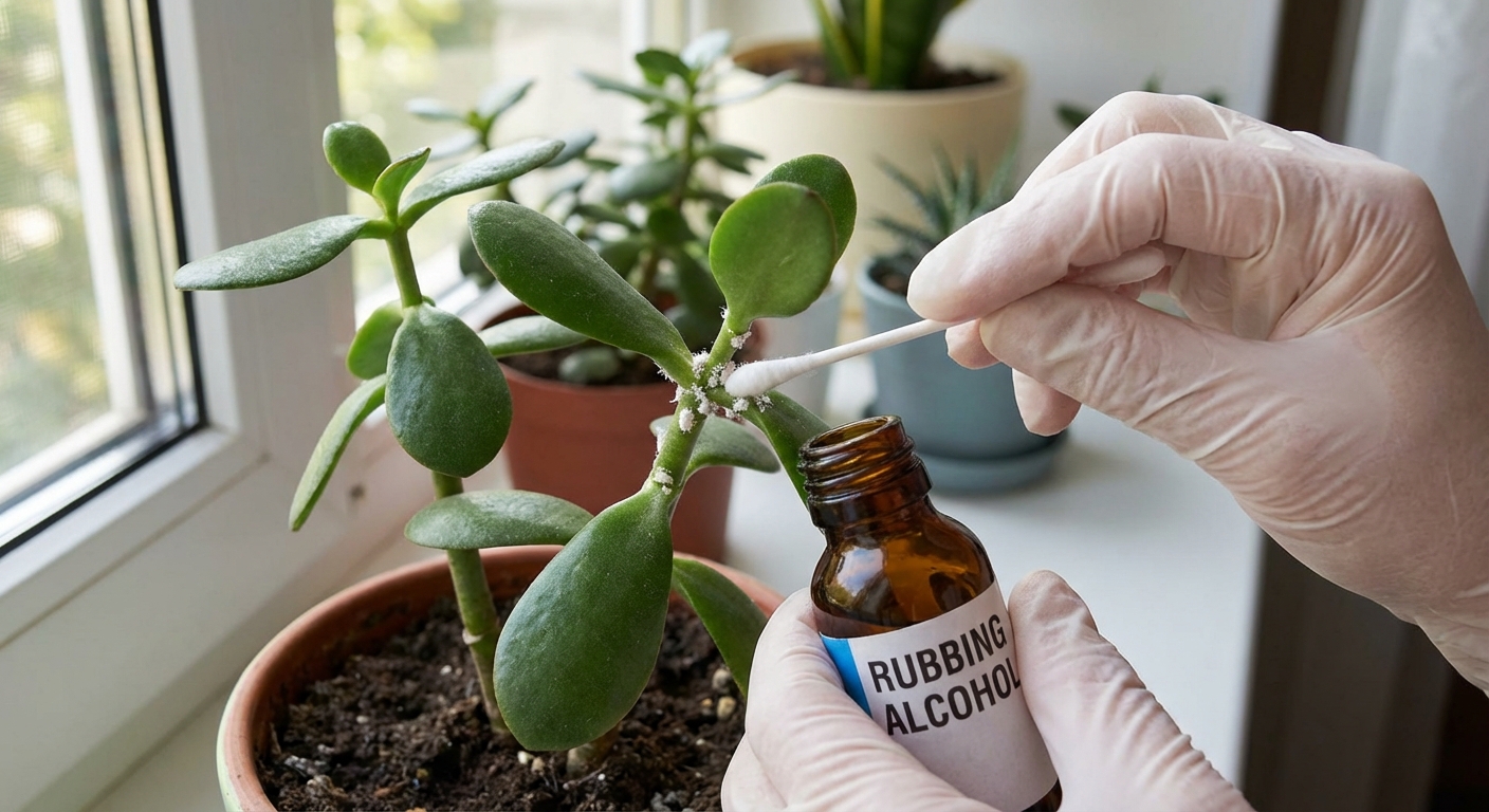 A real photograph of hands using a cotton swab dipped in rubbing alcohol to dab mealybugs on a houseplant stem near a leaf joint
