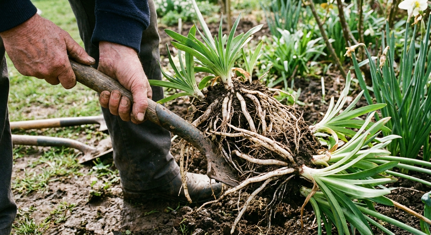 A real photograph of hands using a garden spade to lift and divide a dense agapanthus clump in spring, showing thick roots and green leaf fans