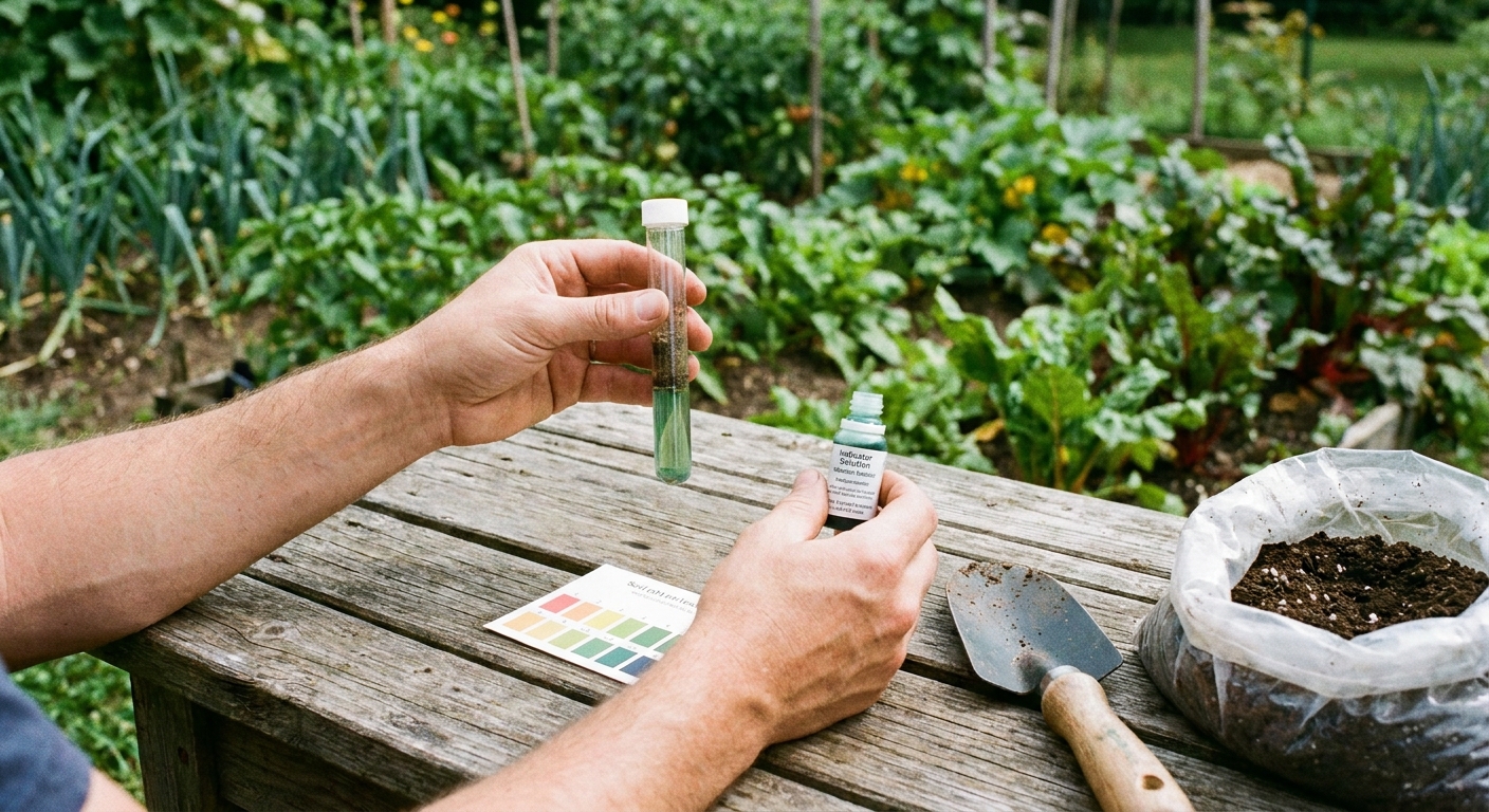 A real photograph of hands using a simple soil pH test kit at an outdoor garden table with a small soil sample