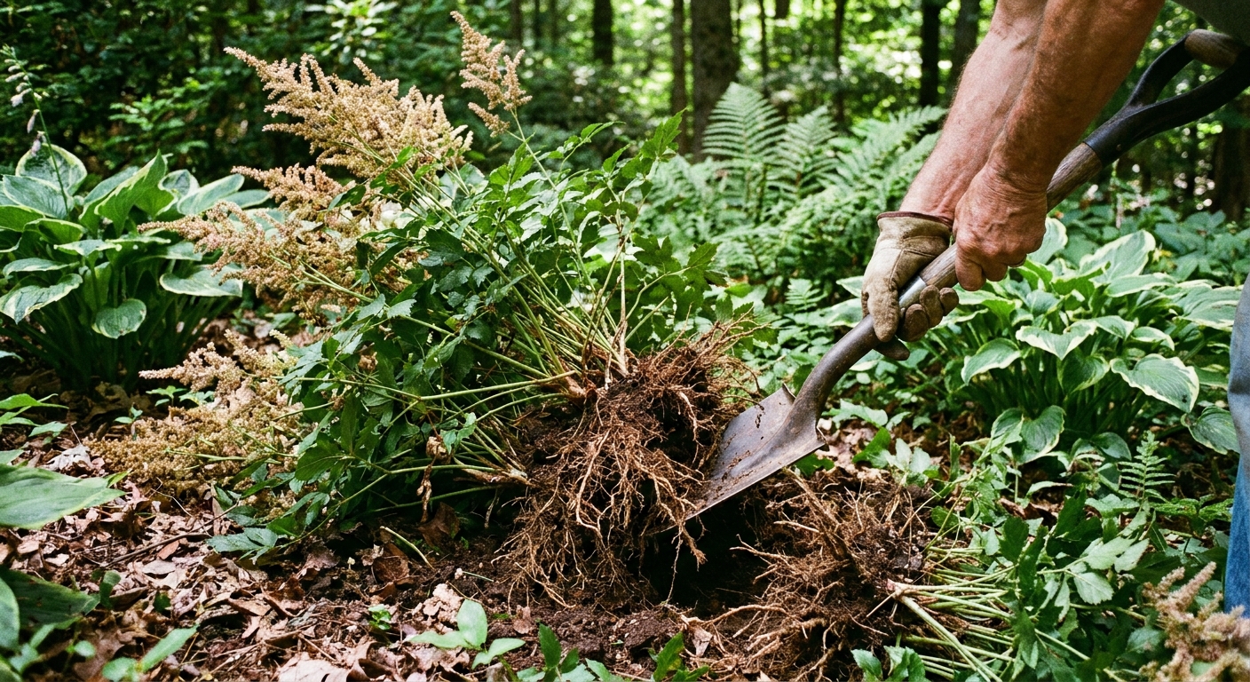 A real photograph of hands using a spade to divide a mature astilbe clump in a shady garden bed, with roots visible in the soil