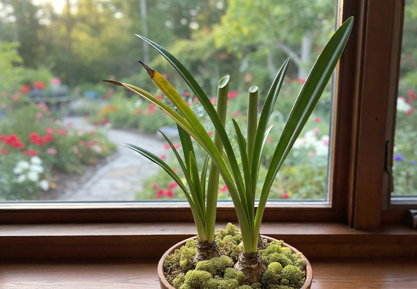 A real photograph of hands using clean pruners to cut a spent amaryllis flower stalk above the bulb in a pot, close-up gardening moment