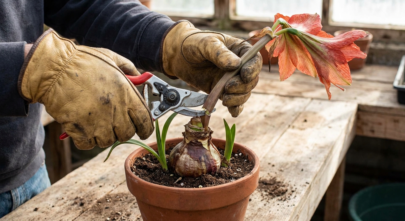 A real photograph of hands using clean pruning shears to cut a spent amaryllis flower stalk above the bulb in a pot