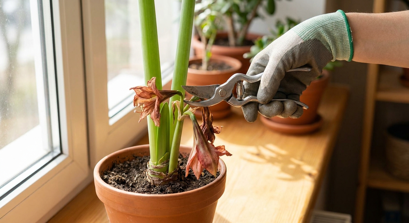 A real photograph of hands using clean pruning shears to remove faded amaryllis blossoms from a potted plant indoors, close-up gardening moment