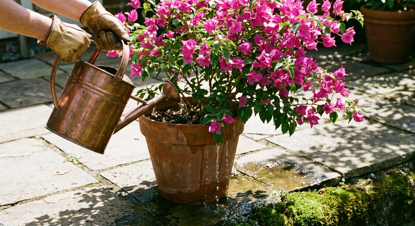 A real photograph of hands watering a bougainvillea in a terracotta pot, with water flowing out of the drainage hole onto a sunny patio