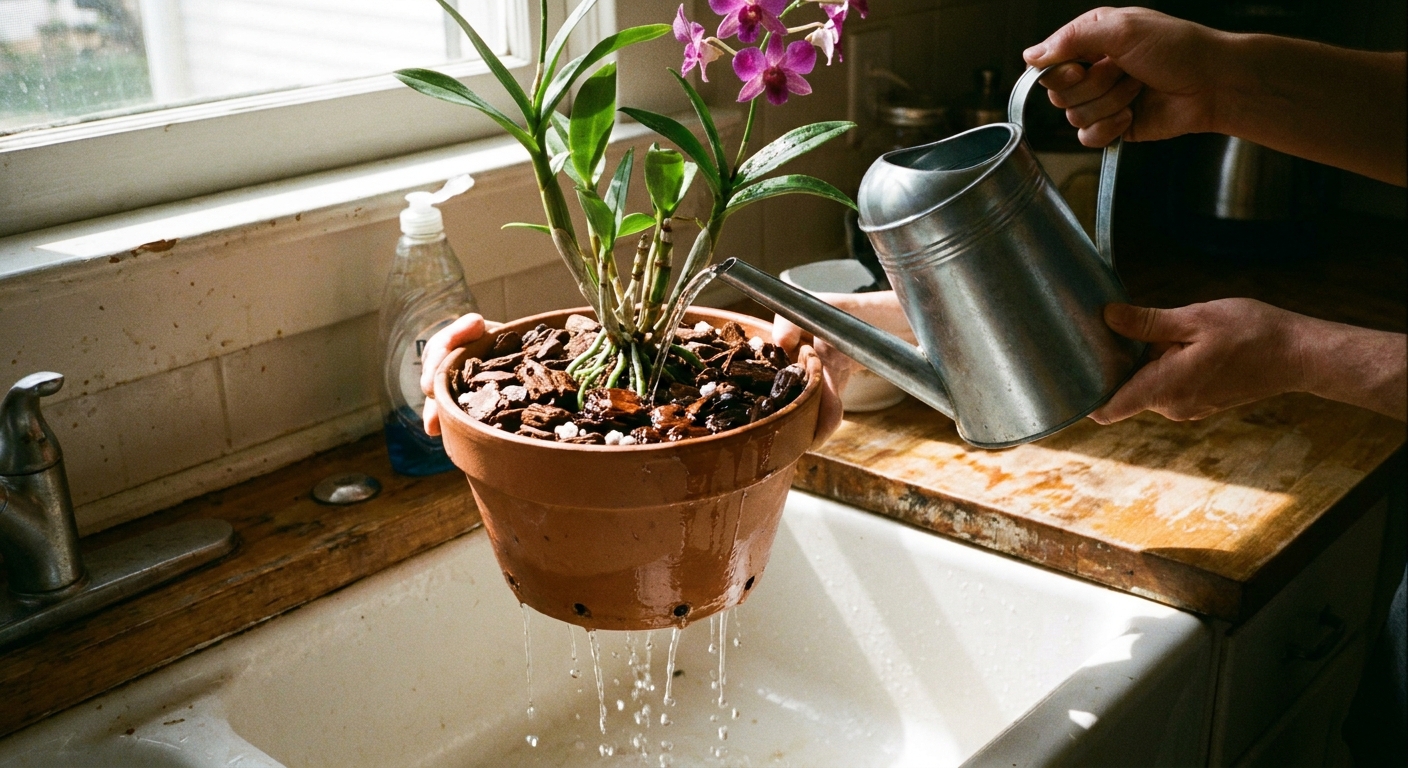 A real photograph of hands watering a potted Dendrobium orchid in a kitchen sink, with water flowing through chunky bark mix and draining from the pot