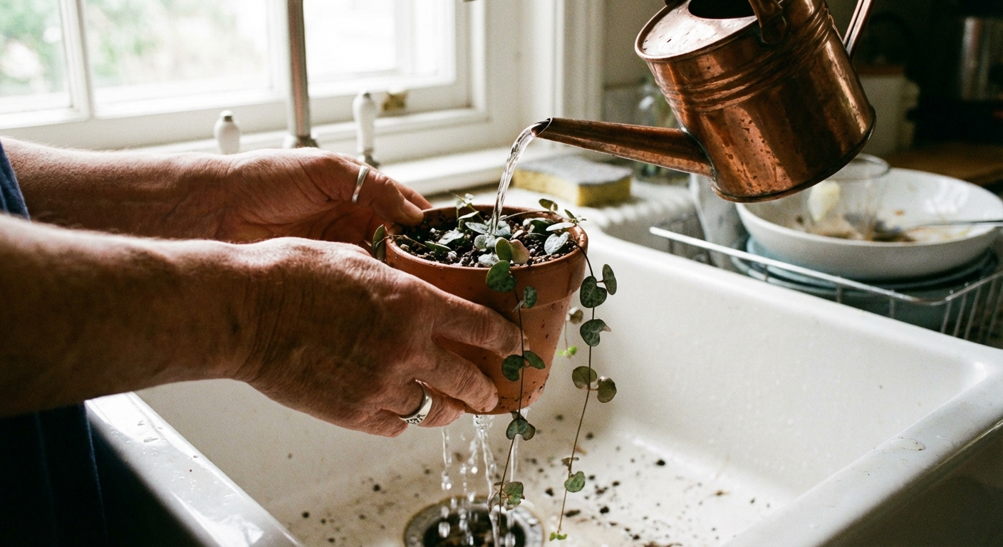 A real photograph of hands watering a small potted String of Hearts in a kitchen sink, water flowing through the drainage holes, close-up natural light