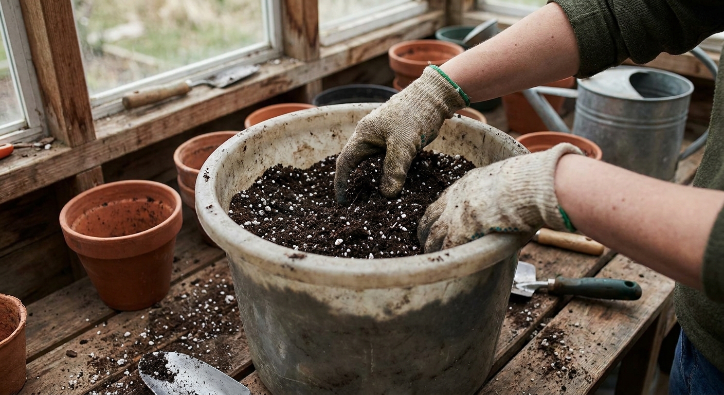 A real photograph of hands wearing gardening gloves stirring damp potting soil with perlite in a large bucket on an indoor potting bench