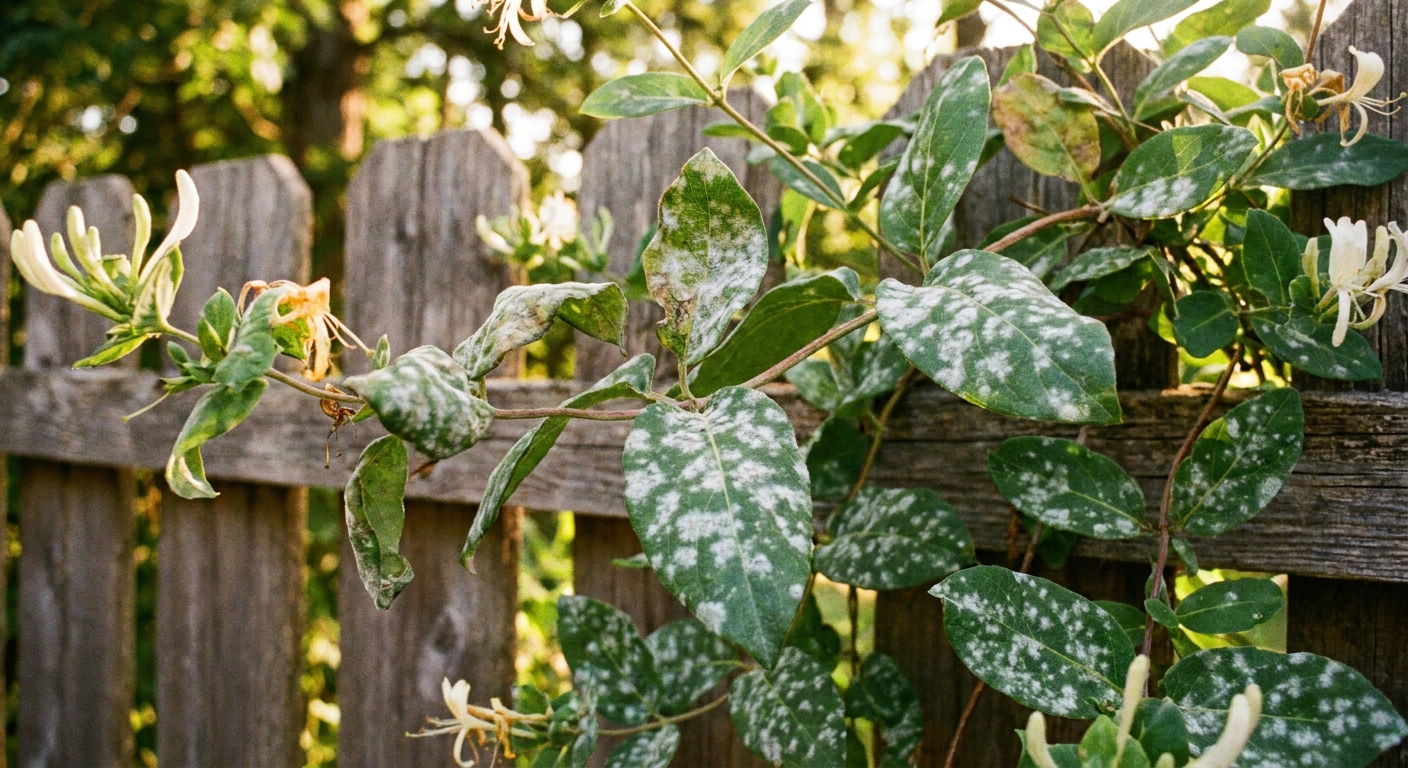 A real photograph of honeysuckle leaves showing white powdery mildew spots on the surface, with the vine growing outdoors in summer light