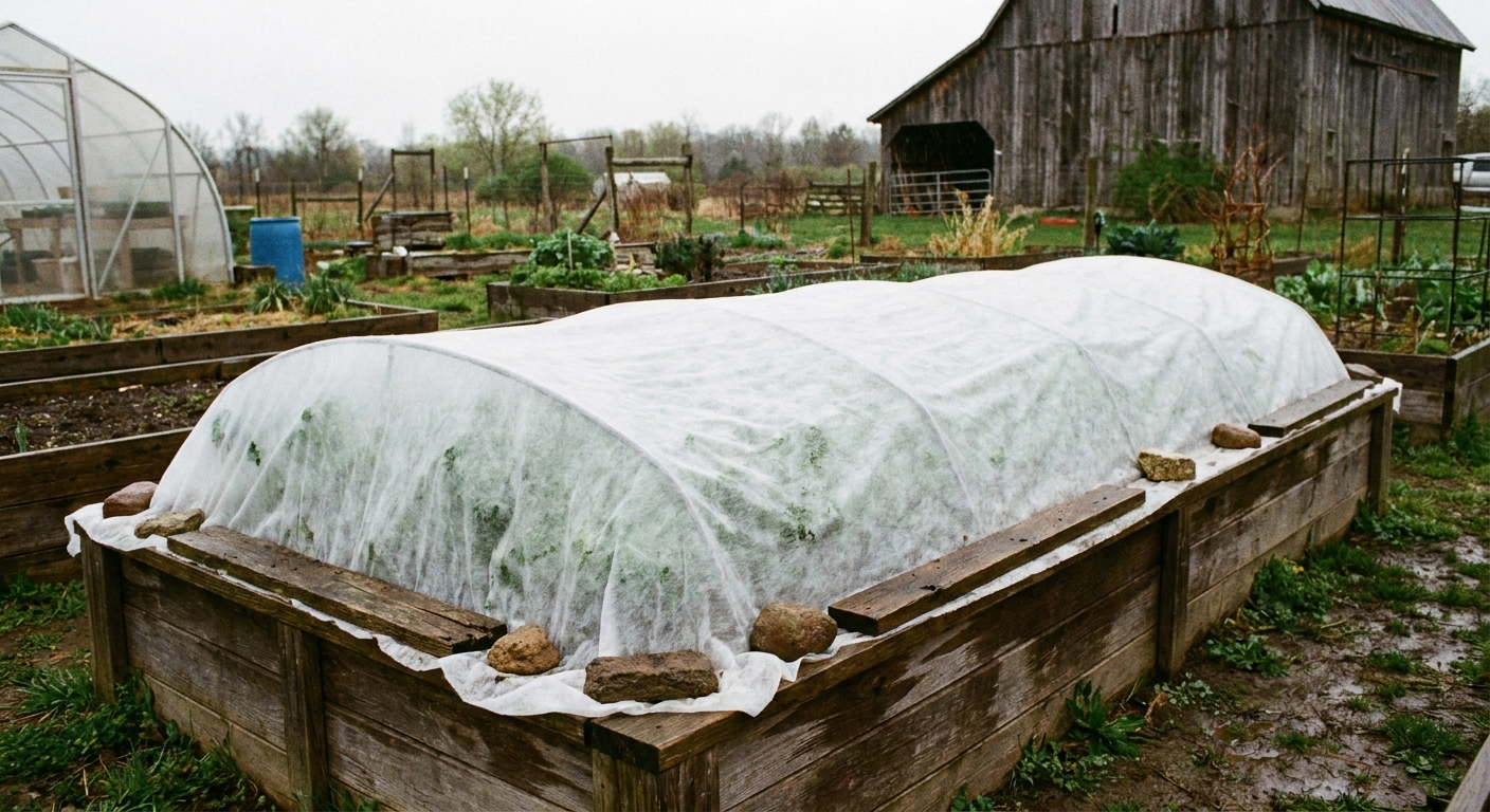 A real photograph of kale plants in a raised bed covered with a white floating row cover secured along the edges