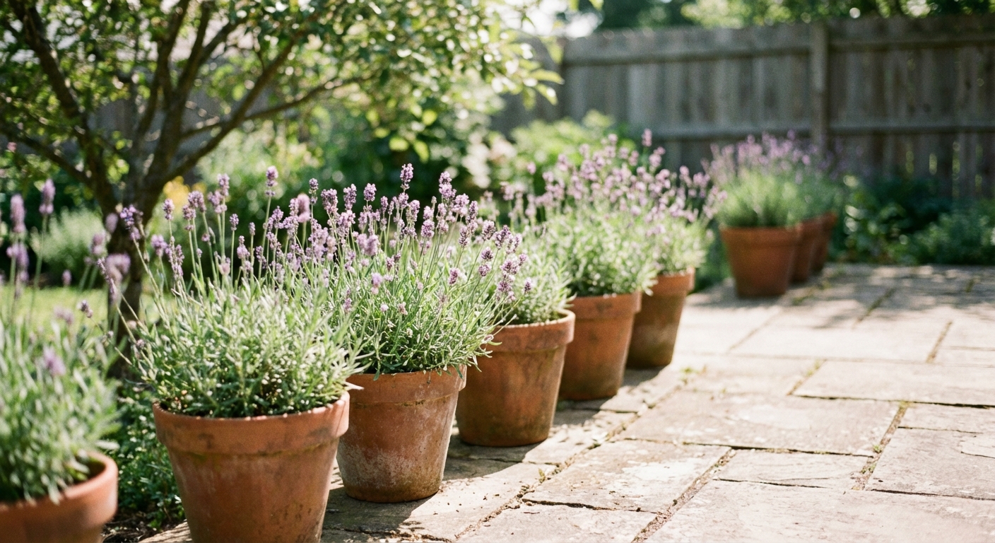 A real photograph of lavender plants in terracotta pots arranged along a sunny backyard patio edge, soft midday light and shallow depth of field