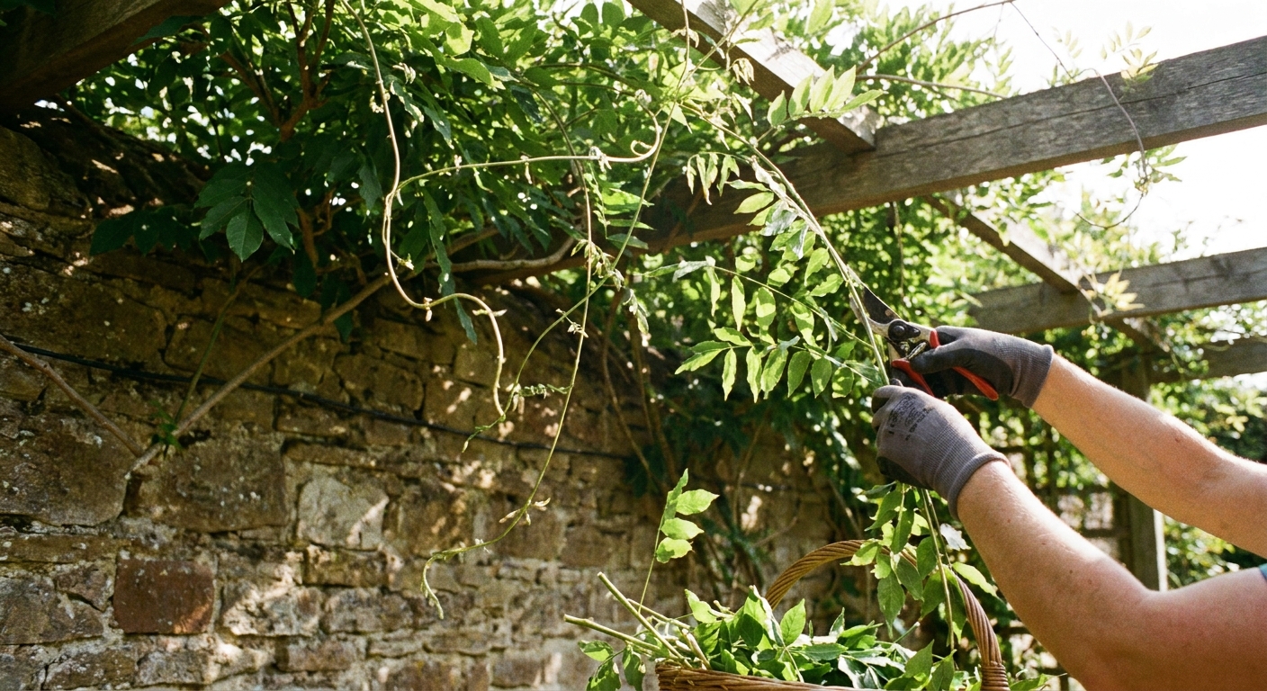 A real photograph of long green wisteria shoots being cut back with hand pruners on a sunny July afternoon, with leaves and tendrils visible