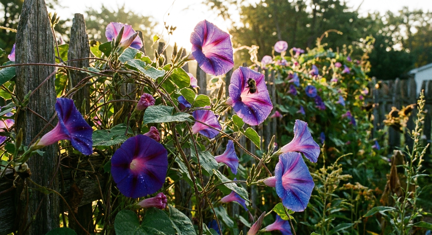 A real photograph of morning glory trumpet flowers opening in early sunrise light with dew on petals in a backyard garden