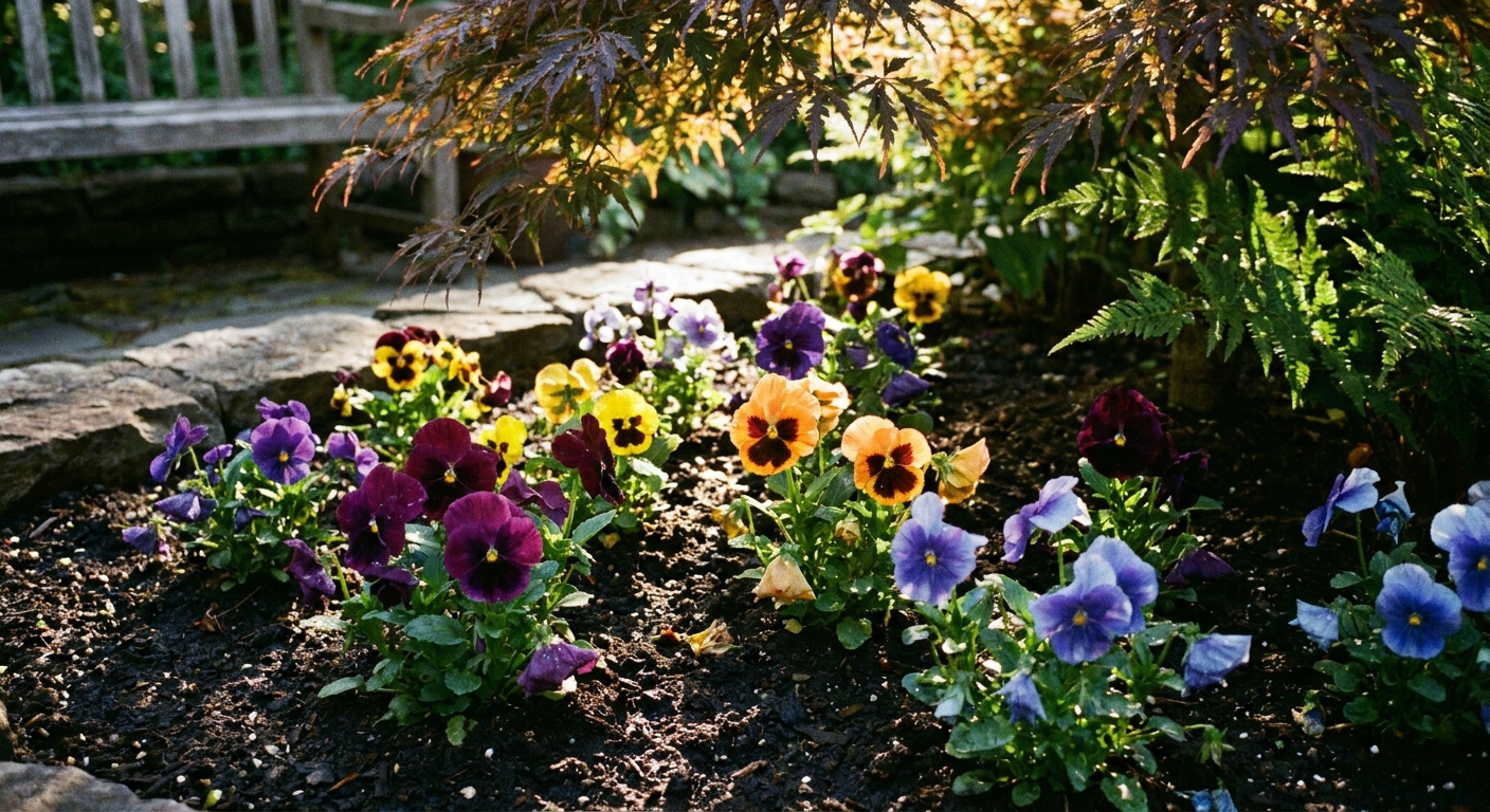 A real photograph of pansies growing in a garden bed with dappled afternoon shade from nearby foliage, with fresh blooms and moist soil visible