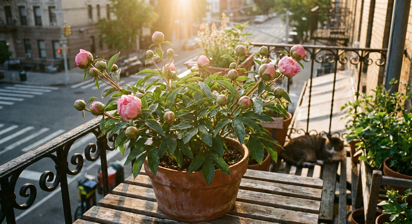A real photograph of peony buds on a potted plant catching warm morning sunlight on an apartment balcony