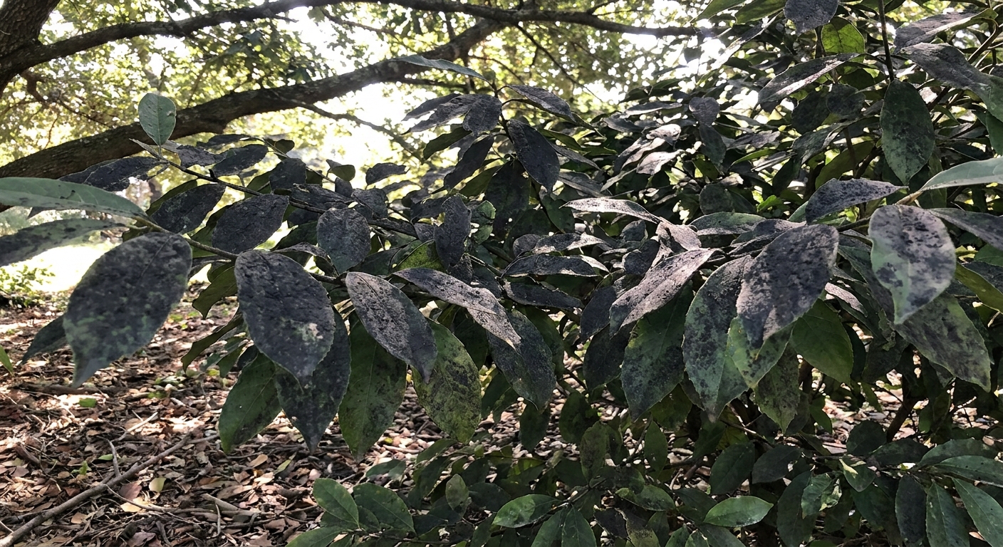 A real photograph of plant leaves coated in black sooty mold beneath a tree canopy, showing the dusty dark film on the leaf surface