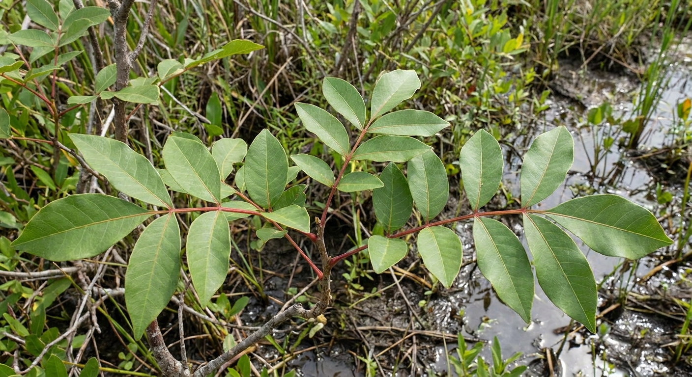 A real photograph of poison sumac leaves on a woody stem near the edge of a wet, marshy area, with multiple paired leaflets visible