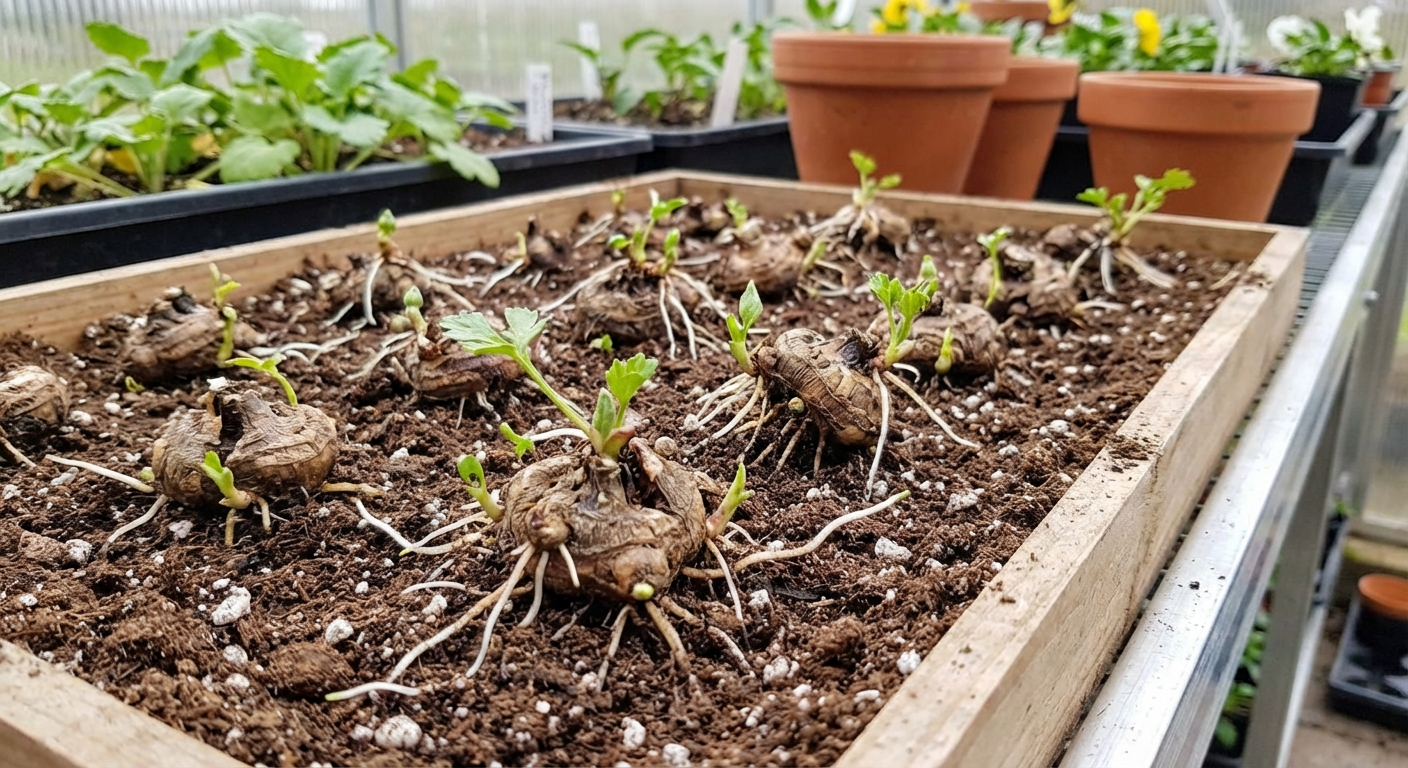 A real photograph of pre-sprouted ranunculus corms sitting in a shallow tray of potting mix, with small white roots and tiny green shoots emerging