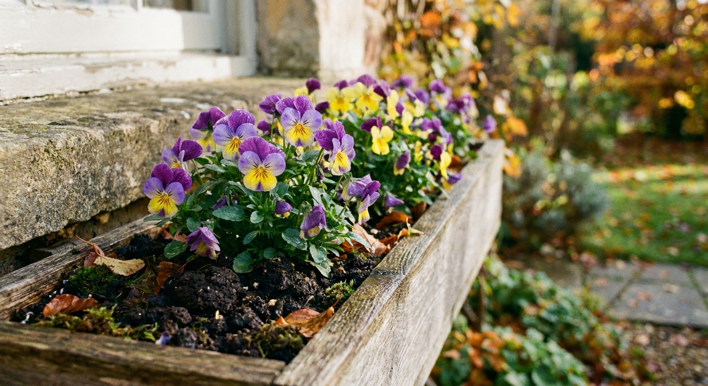 A real photograph of purple and yellow pansies planted in an outdoor window box, with crisp autumn light and slightly damp potting mix visible