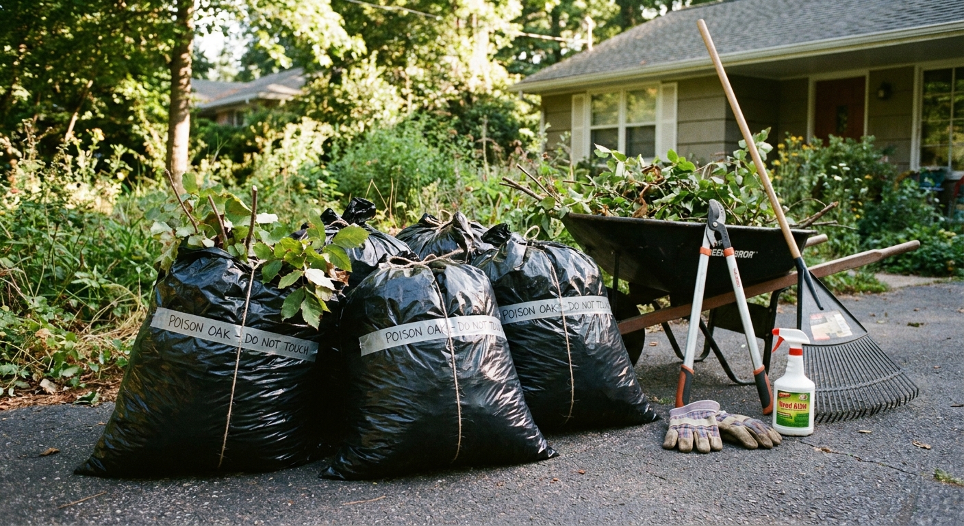 A real photograph of sealed black contractor trash bags filled with poison oak cuttings sitting on a driveway next to garden tools